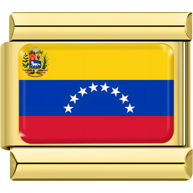 Gold rectangular Italian charm bracelet link featuring the flag of Venezuela, with horizontal yellow, blue, and red stripes, eight white stars arranged in an arc, and a national coat of arms in the upper left corner.